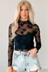 Sheer Floral Lace Mesh Mock Neck Elegant Long Sleeve Fitted Top